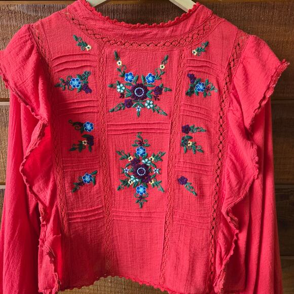 Free People Women Embroidered Ruffle Boho Top S Red Peasant Boho Prairie Western - Picture 2 of 9